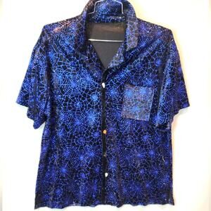Blue Halloween Spider Web Shirt Button Down Velvet Spiderweb Design Size 2X‎